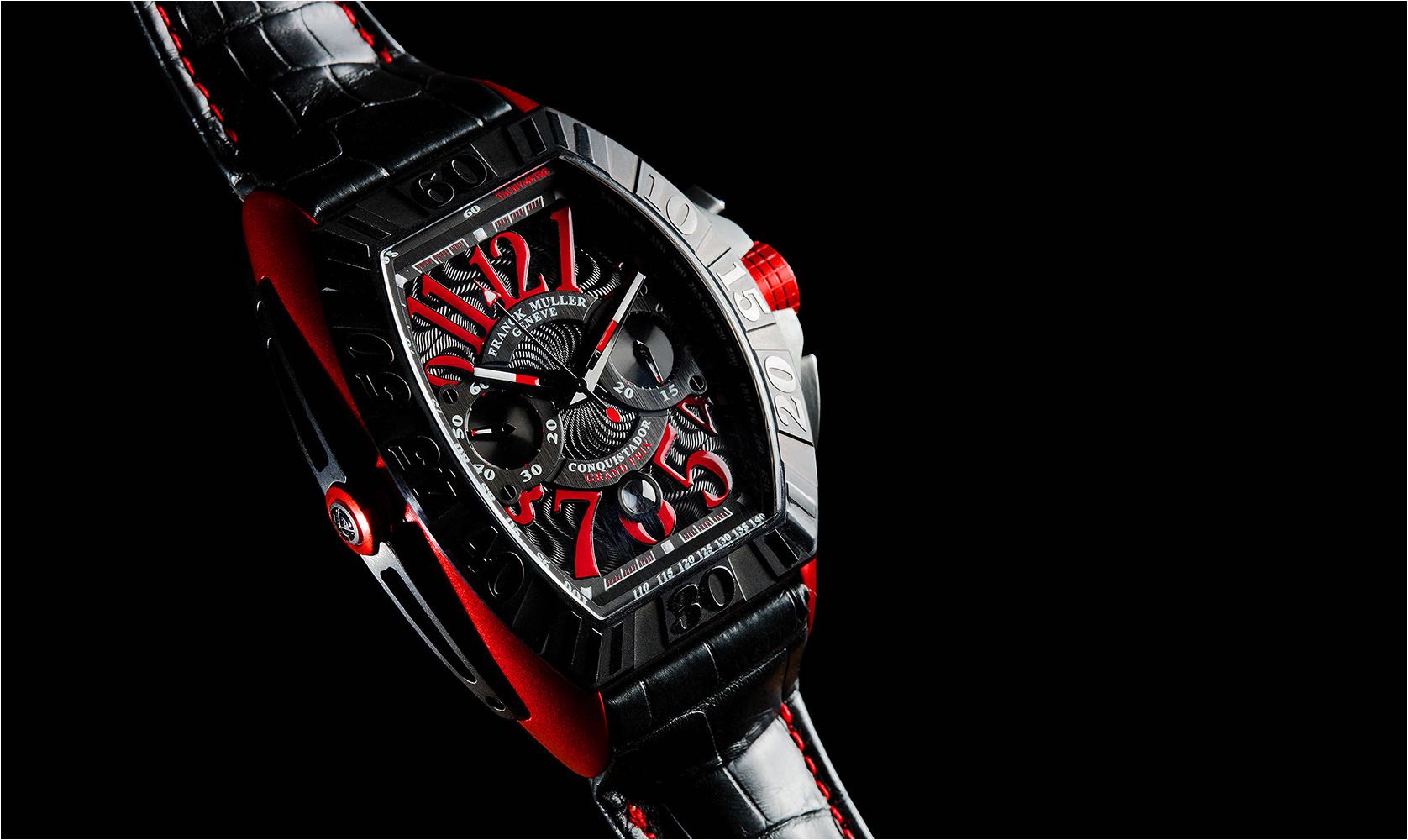  Produktfotografie. Imageaufnahme einer Designer Uhr, die Conquistador, von Franck Muller aus Genf. Aufwendig im Studio fotografiert mit digitaler Mittelformattechnik mit 60 Millionen Pixel Auflösung. Copyright by Fotostudio Jörg Riethausen 