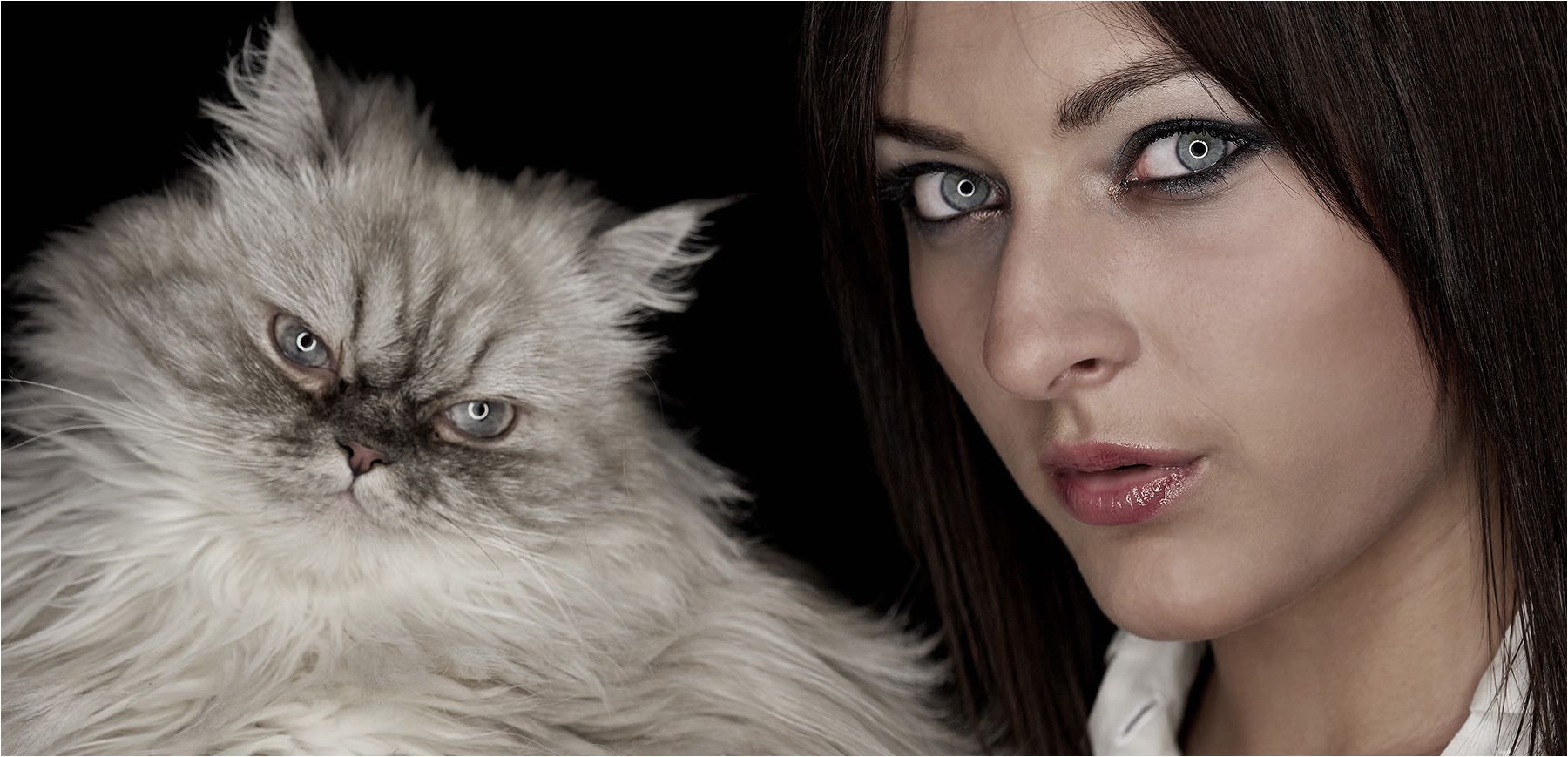  Porträt Model mit Katze und Ringlicht Reflex in den Augen. Aufgenommen mit vorhandenem Licht und Kleinbild Kamera im Studio. Copyright by Fotostudio Jörg Riethausen 