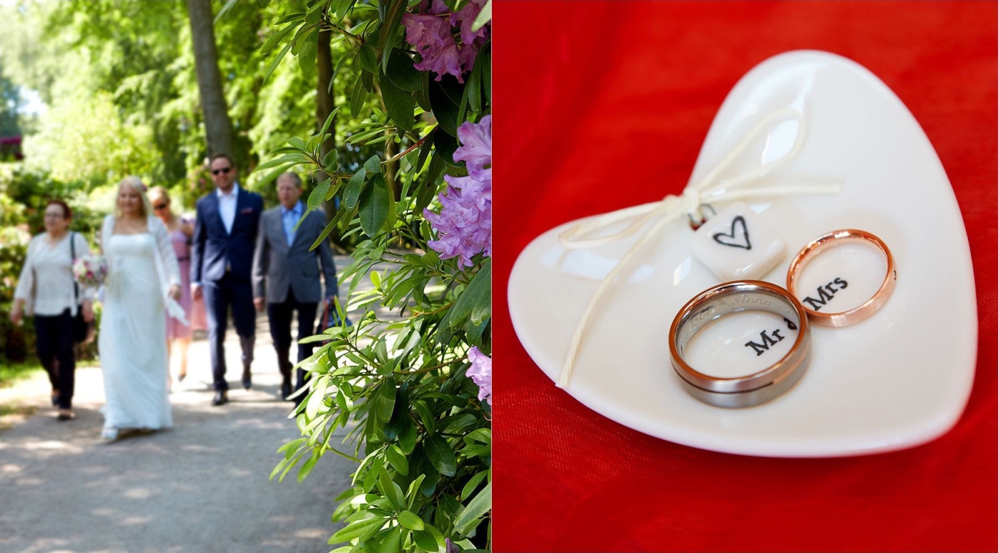 2er Bildkomposition. Eheringe und Braut auf dem Weg zur Trauung