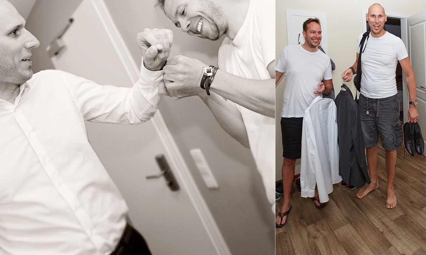 2er Bildkomposition des Bräutigams mit dem Trauzeugen beim vorbereiten für die Zeremonie. Hemd zuknöpfen, Ankleiden